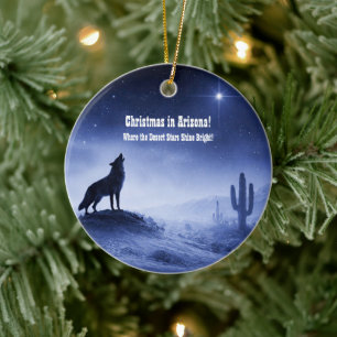 Arizona Christmas Desert Coyote Cactus Night Ceramic Tree Decoration