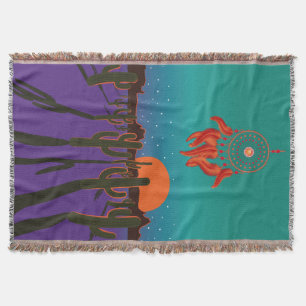 Arizona Desert at Night with Orange Dream Catcher Throw Blanket