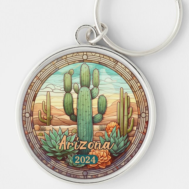 Arizona Desert Cactus Faux Stained Glass  Key Ring (Front)