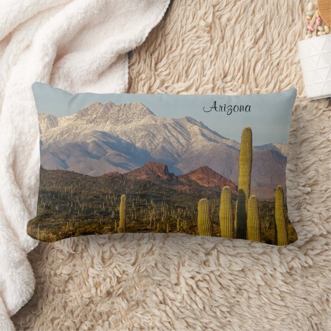 Arizona Desert Saguaro Cacti Snowy Mountain Lumbar Cushion (Blanket)