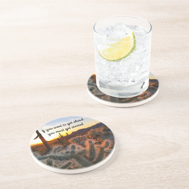 Arizona Desert Sunset Cactus Inspirational Saying Coaster (Side)