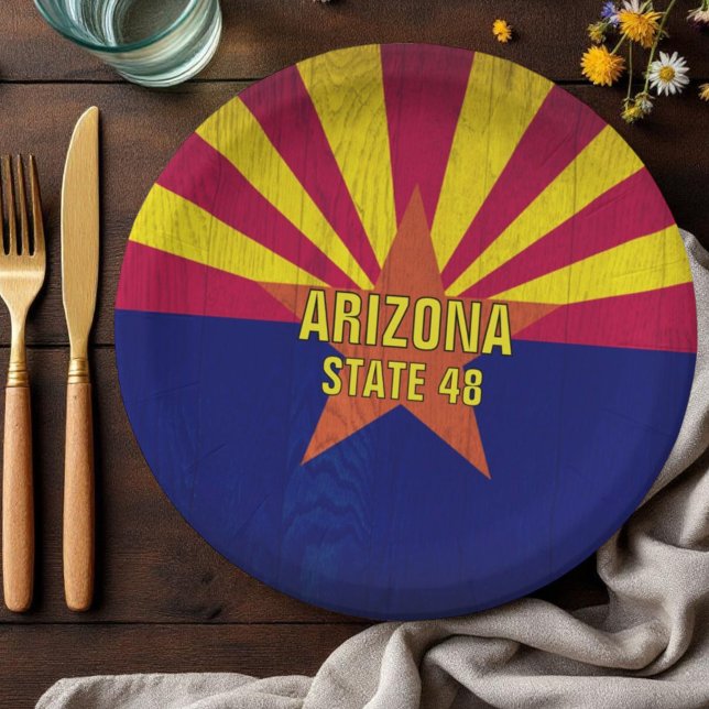 Arizona Flag Painted On Wood Template Paper Plate (two line template text paper plate)