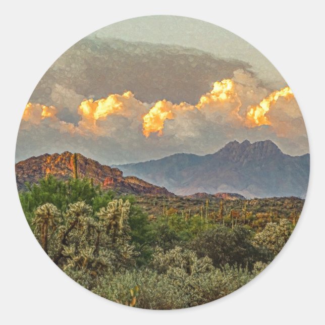 Arizona Four Peaks Mountain Colourful Clouds Sunse Classic Round Sticker (Front)