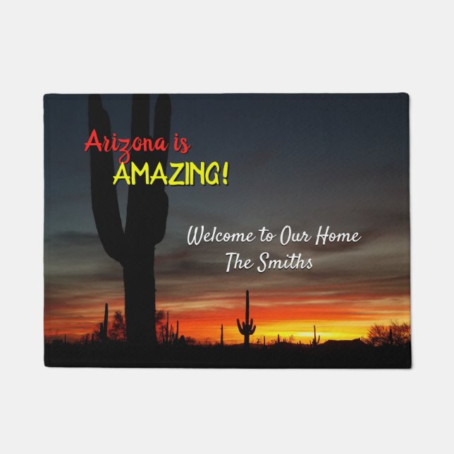 "Arizona is Amazing!" Sunset Sonoran Desert Cactus Doormat (Front)
