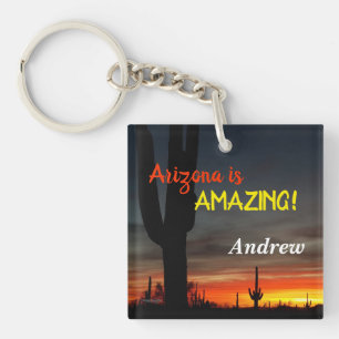 "Arizona is Amazing!" Sunset Sonoran Desert Cactus Key Ring