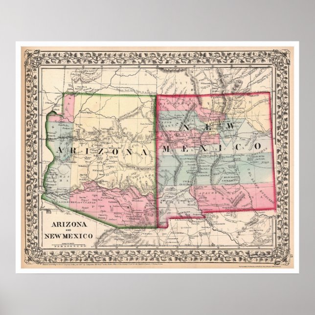 Arizona New Mexico Map 1867 Poster (Front)