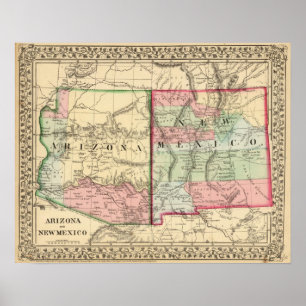 Arizona, New Mexico Map by Mitchell Poster