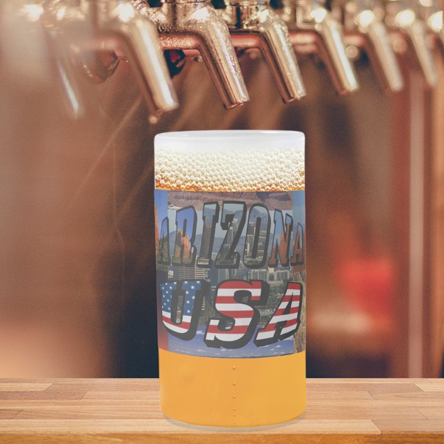 Arizona Picture and USA Flag Text Frosted Glass Beer Mug (Arizona Picture and USA Flag Text Frosted Glass Beer Mug)
