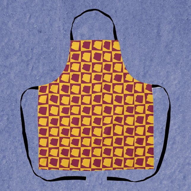 Arizona Pop Art Checkerboard Maroon Gold Apron (An apron with a maroon and gold pattern featuring the US state of Arizona.)