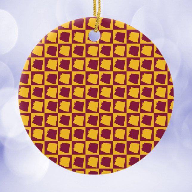 Arizona Pop Art Checkerboard Maroon Gold Ceramic Tree Decoration (An ornament featuring a maroon and gold pattern with the US state of Arizona.)