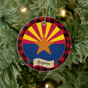 Arizona, Red buffalo plaid & Arizona Flag, USA Ceramic Tree Decoration