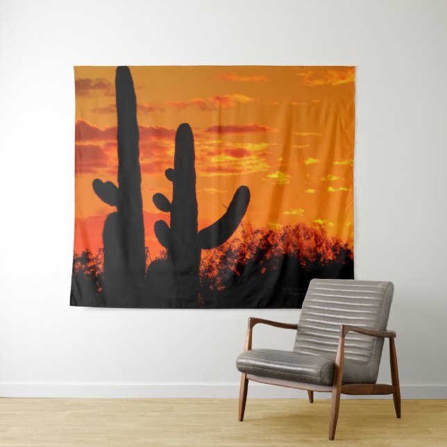 Arizona Saguaro Cacti With Bright Orange Sunset Tapestry (In Situ (Horizontal))