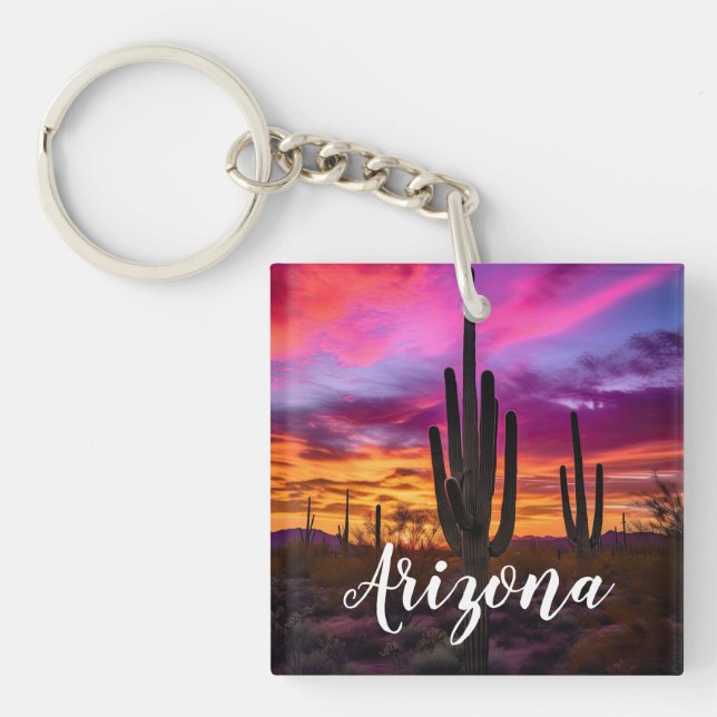 Arizona Saguaro Cactus Southwestern Desert Sunset Key Ring (Front)