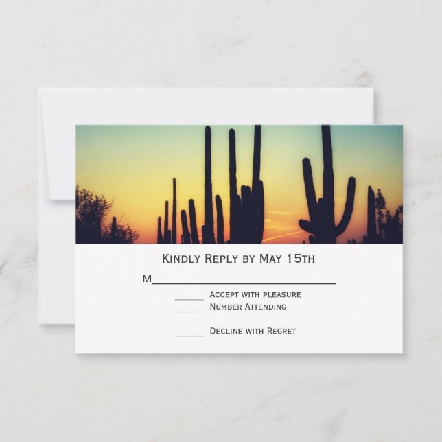 Arizona Saguaro Cactus Sunset Wedding RSVP Cards (Front)