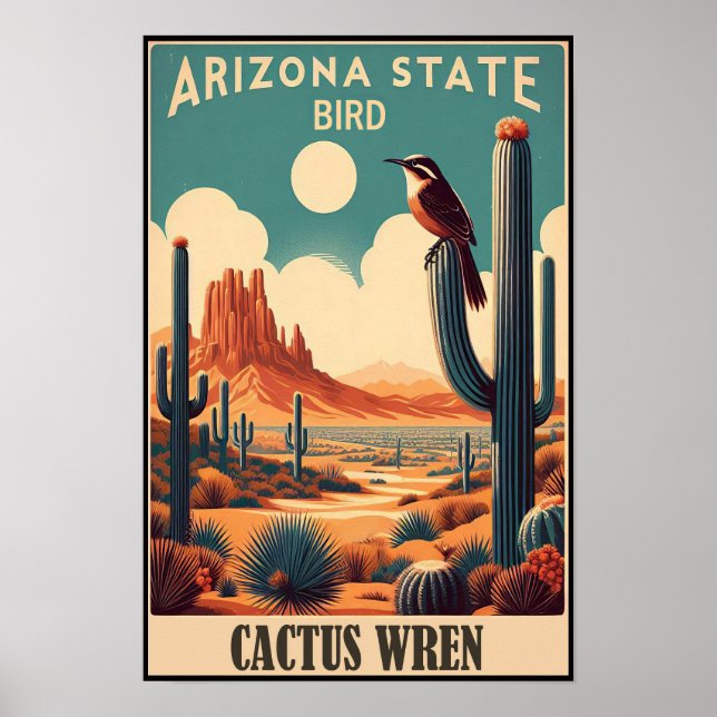 Arizona State Bird - Cactus Wren Vintage Poster (Front)