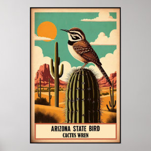 Arizona State Bird - Cactus Wren Vintage Poster