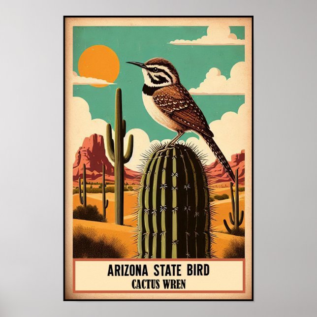 Arizona State Bird - Cactus Wren Vintage Poster (Front)