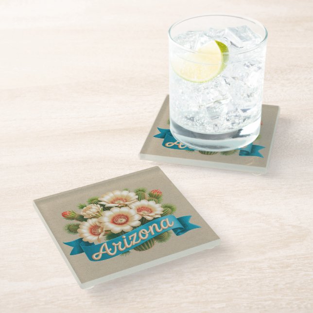 Arizona State Flowers Emblem Glass Coaster (Angled)