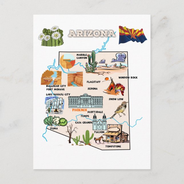 Arizona state Map with Tourist Destinations Postcard (Front)