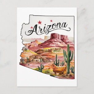 Arizona USA State Shaped Vintage Watercolor Postcard