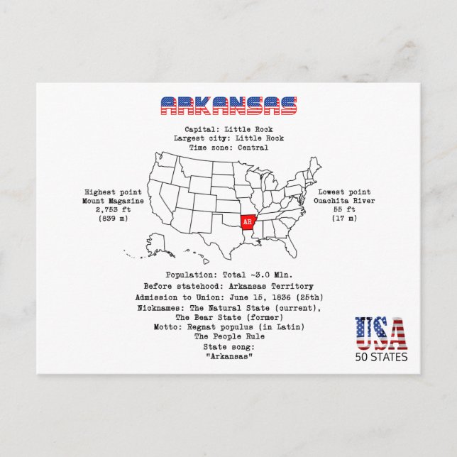 Arkansas American state on a map and useful info Holiday Postcard (Front)