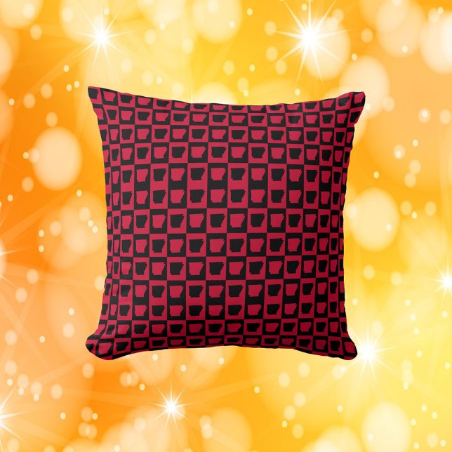 Arkansas Black and Red Pattern Cushion (A throw pillow with a red and black checker pattern featuring the US state of Arkansas.)
