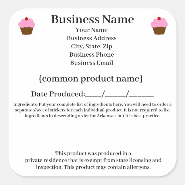 Arkansas Cottage Food Law / Food Freedom Act label (Front)