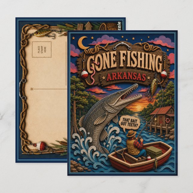 Arkansas Gone Fishing Alligator Gar Postcard (Front/Back)