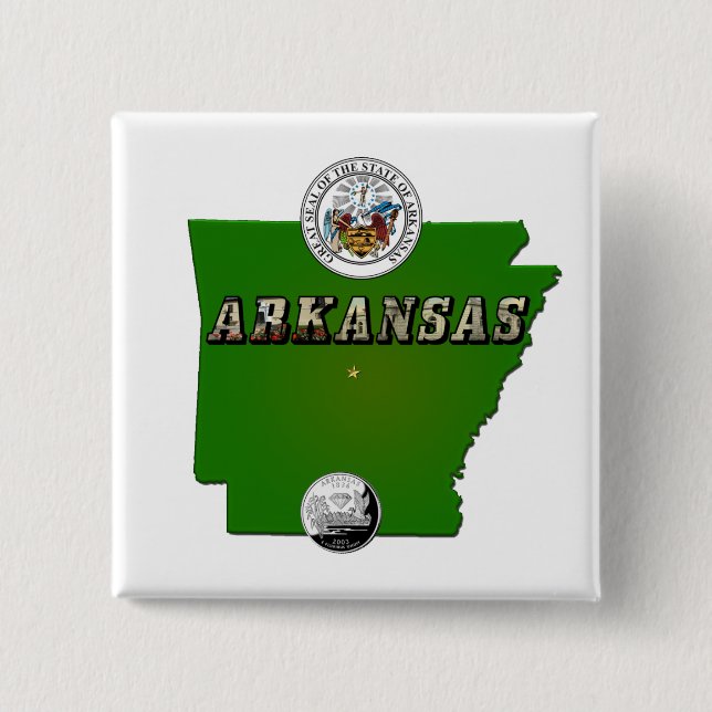 Arkansas Map, Seal and State Faux Quarter 15 Cm Square Badge (Front)