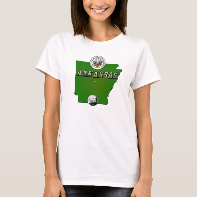 Arkansas Map, Seal and State Faux Quarter T-Shirt (Front)