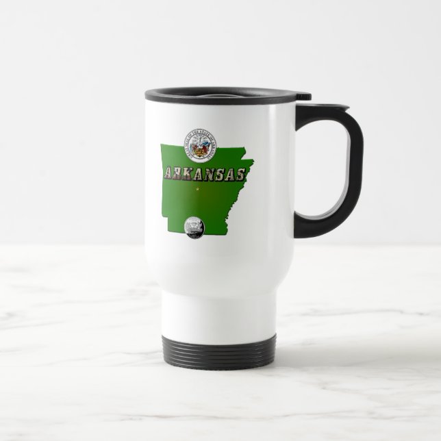 Arkansas Map, Seal and State Faux Quarter Travel Mug (Right)