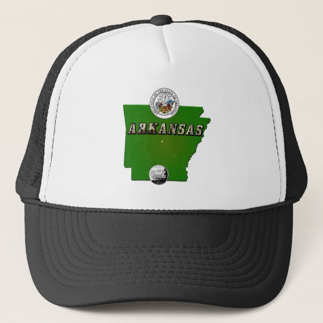 Arkansas Map, Seal and State Faux Quarter Trucker Hat (Front)