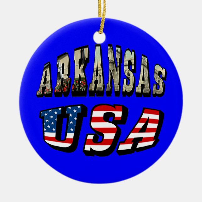 Arkansas Picture and USA Flag Text Ceramic Tree Decoration (Front)