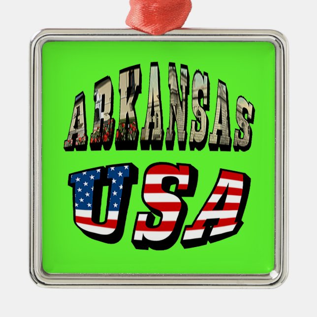 Arkansas Picture and USA Flag Text Metal Tree Decoration (Front)