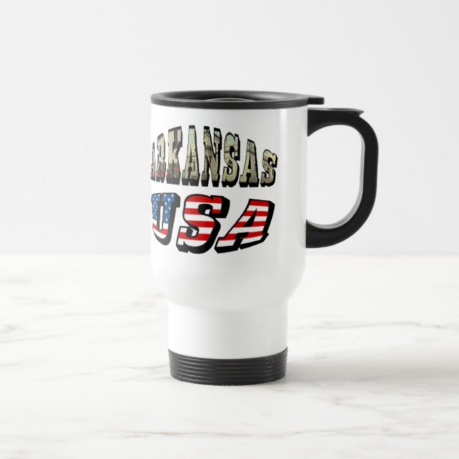 Arkansas Picture and USA Flag Text Travel Mug (Right)