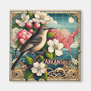 Arkansas State Bird and Flower Art Deco Design Magnet