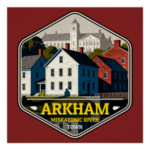 Arkham Miskatonic River Town Vintage Travel Badge Poster