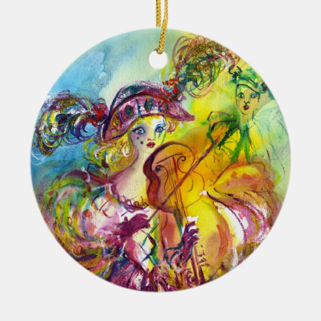 ARLECCHINA  VIOLINIST / Venetian Carnival Night Ceramic Tree Decoration (Front)