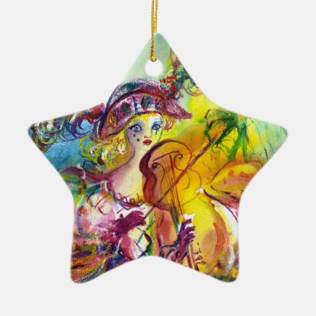 ARLECCHINA  VIOLINIST / Venetian Carnival Night Ceramic Tree Decoration (Front)
