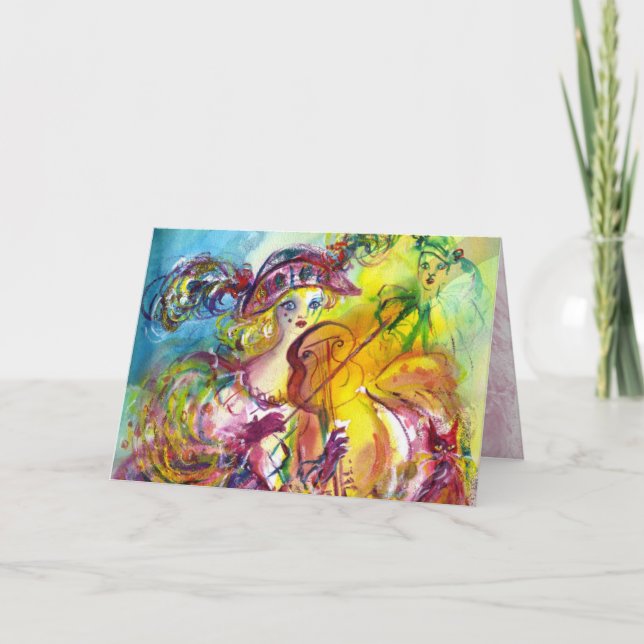 ARLECCHINA  VIOLINIST / Venetian Carnival Night Holiday Card (Front)