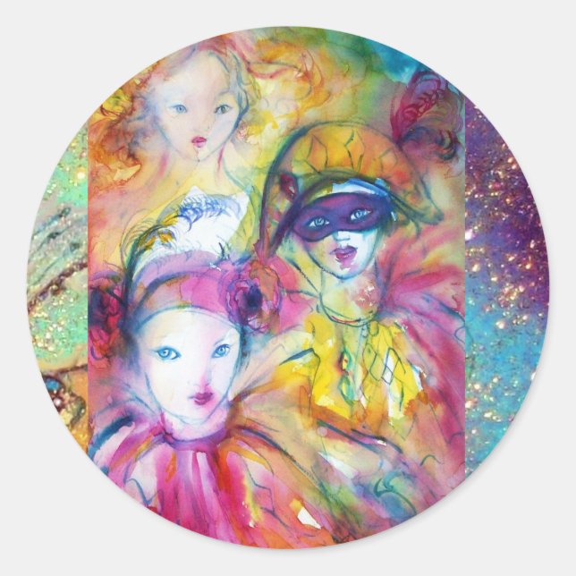 ARLECCHINO PIERO AND COLOMBINA MASQUERADE PARTY CLASSIC ROUND STICKER (Front)