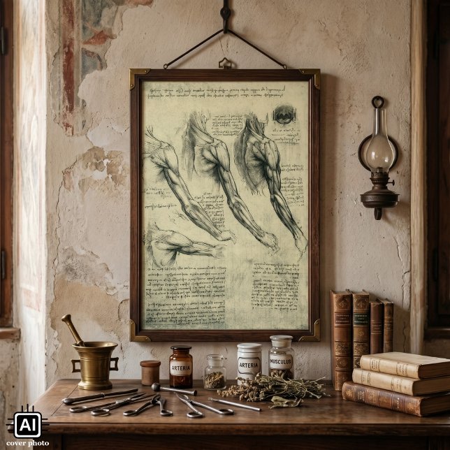 Arm and Shoulder Anatomy by Leonardo da Vinci Poster (Arm and Shoulder Muscles by Leonardo da Vinci is a Renaissance Era human anatomy sketch.)