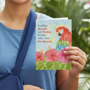 Arm Surgery Healing Scarlet Macaws, Hibiscus Card