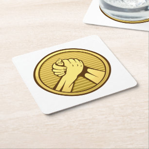 Arm wrestling Gold Square Paper Coaster