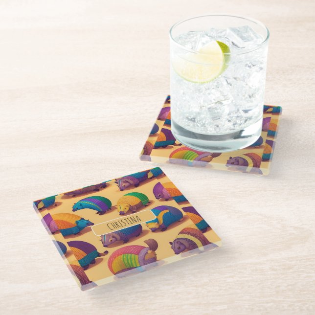 Armadillo Pastel Colourful Personalised Pattern Glass Coaster (Angled)