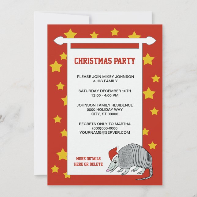 Armadillo Santa Stars Christmas Party Vintage Red Invitation (Front)