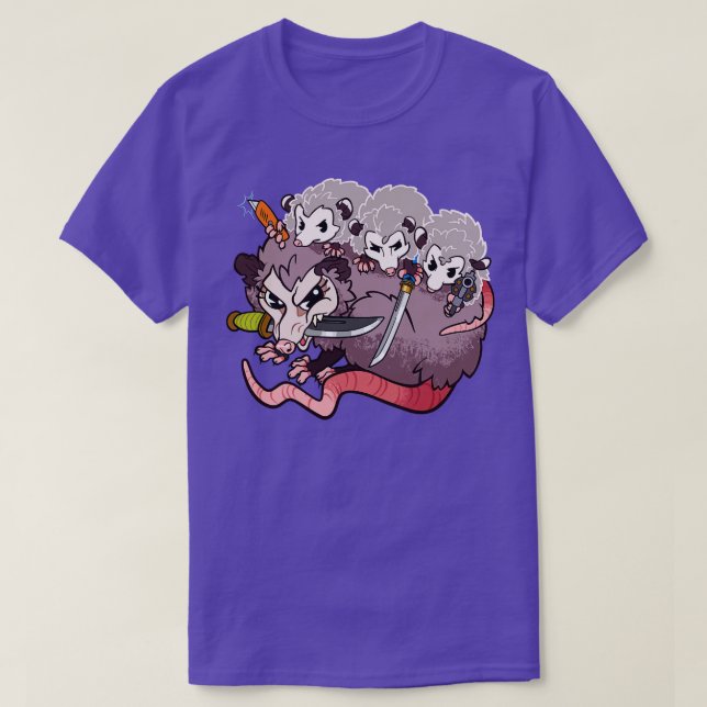 Armed Possums Mama and Baby Opossums with Weapons T-Shirt (Design Front)