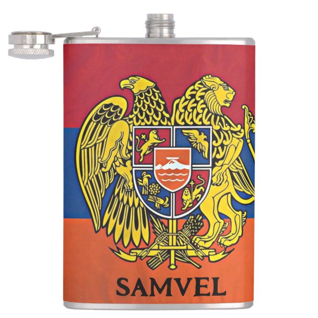 Armenian Flag Coat of Arms Hayastan Custom Name Hip Flask (Opened)