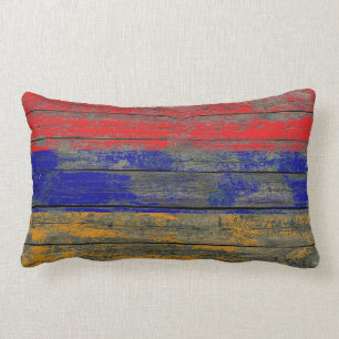 Armenian Flag on Rough Wood Boards Effect Lumbar Cushion
