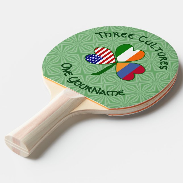 Armenian Irish American Shamrock Flag Personalised Ping Pong Paddle (Front Angle)